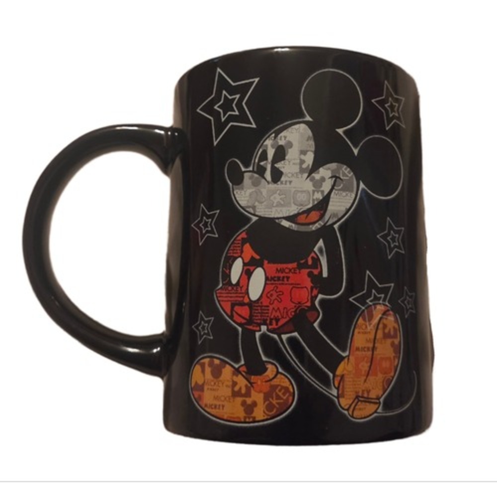 Disney Mickey Mouse Coffee Mug Jerry Leigh Cup Black Newsprint Stars